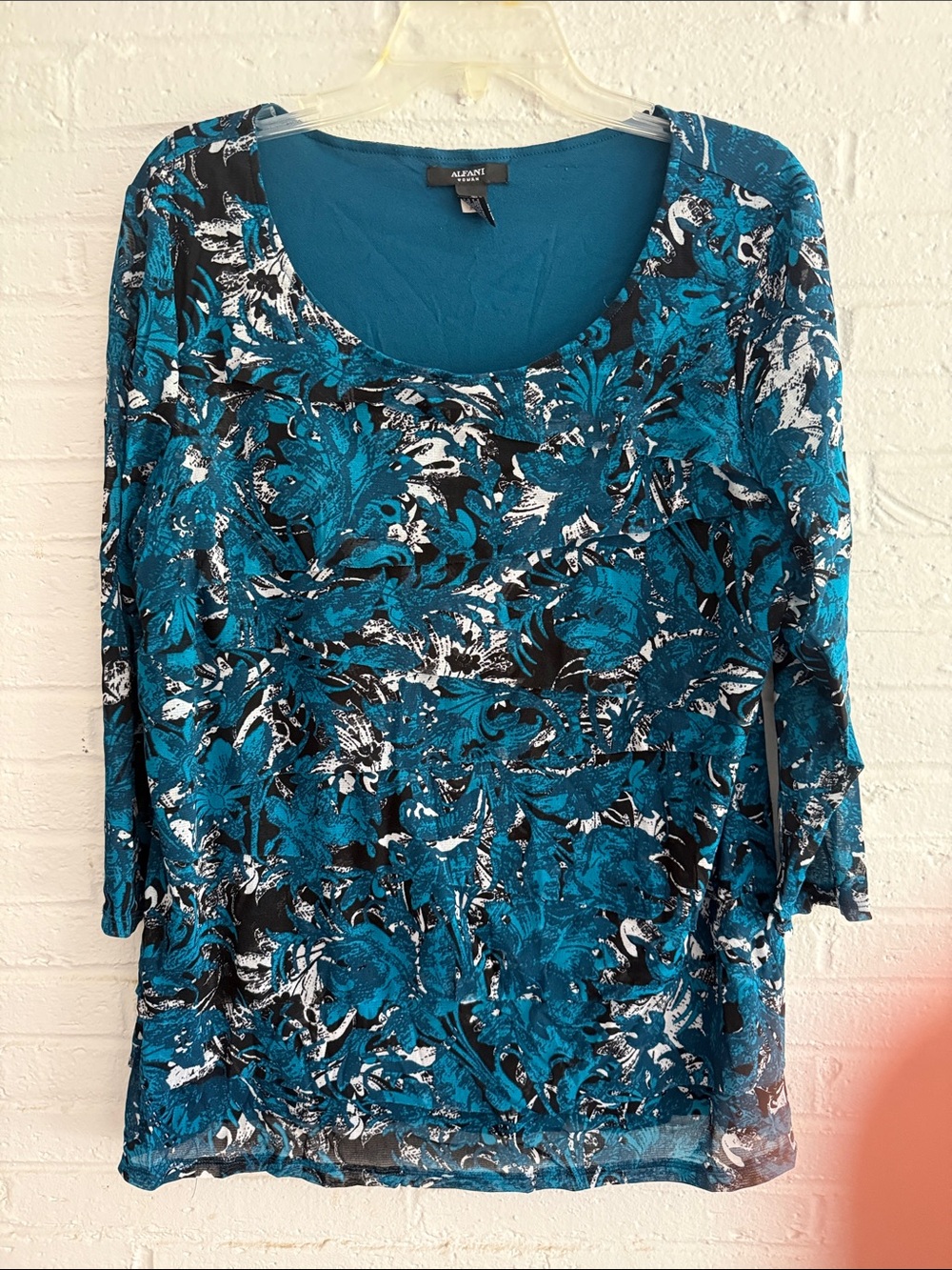Arianne Teal and Black Floral Long Sleeve Scoop Neck Top
